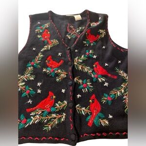 VTG Bobbie Brooks Cardigan Sweater Vest Christmas Cardinal Evergreen Size XL
